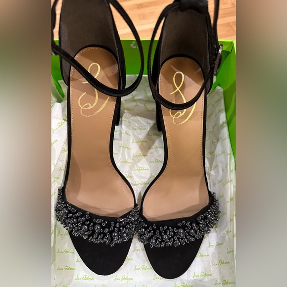 Sam Edelman Yaro Perla Black Suede Ankle Strap Slip On Heels Shoes NWB 9.5 - Picture 3 of 6